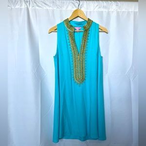 Lilly Pulitzer Blue Ibiza Jane Shift Dress size 2 Metallic Gold Summer Vacation